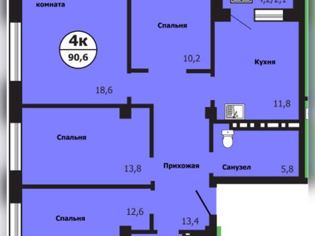 Продается 4 комнатная квартира в Красноярске площадью 90.6 м 2 за 10600 рублей