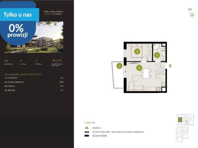 Przestronne 2 pokojowe mieszkanie 36,1 m² na sprzedaż