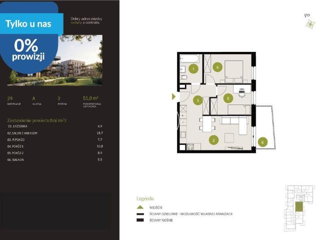 Przestronne 3 pokojowe mieszkanie 51 m² na sprzedaż