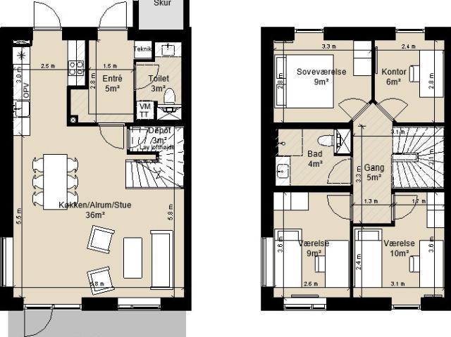 Rækkehus i to plan i moderne bofællesskab