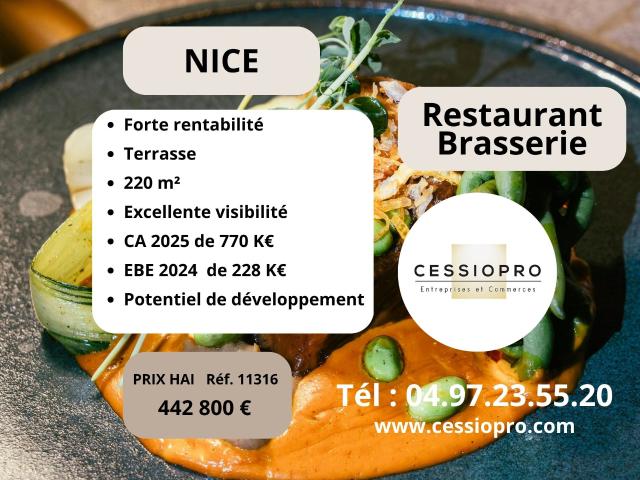 Restaurant/ Brasserie à vendre Nice centre 220 m2 Forte rentabilité Terrasse Potentiel développement