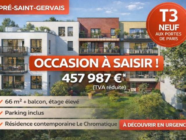 RETOUR DE LOT T3 NEUF D’EXCEPTION – TVA RÉDUITE – AUX PORTES DE PARIS AU PRE SAINT GERVAIS 3 pièces, 66 m²