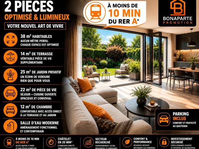 RETOUR DE LOT 2 PIECES OPTIMISE AVEC TERRASSE ET JARDIN A 10MIN DU RER A 2 pièces, 39 m²
