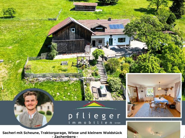 Sacherl mit Scheune, Traktorgarage, Wiese und kleinem Waldstück