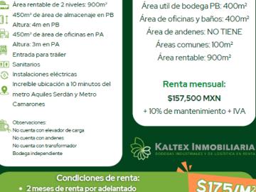SE RENTA BODEGA EN AZCAPOTZALCO POR METRO CAMARONES Y AQUILES SERDAN