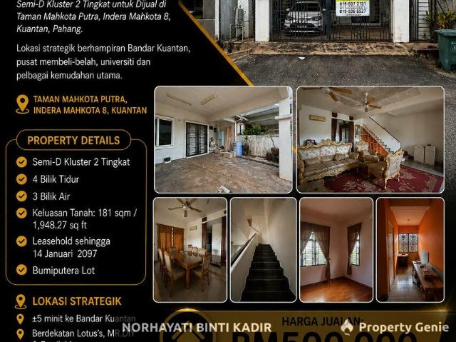 SEMI D KLUSTER 2 TINGKAT UNTUK DIJUAL DI TAMAN MAHKOTA PUTRA, INDERA MAHKOTA 8, KUANTAN, PAHANG