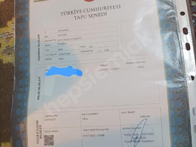 SİLİVRİ BÜYÜKKILIÇLIDA YATIRIMLIK TARLADAN HİSSE Tekliflere Açıktır
