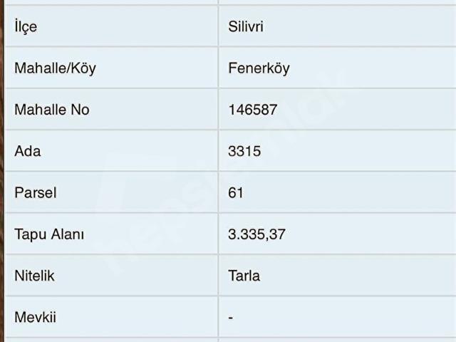 SİLİVRİ FENERKÖY MAH 1,615 M2 YATIRIMLIK SATILIK TARLA