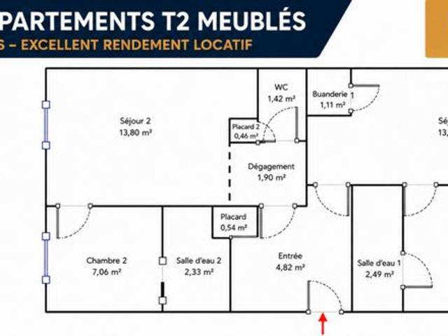 SPÉCIAL INVESTISSEUR – Ensemble de 2 appartements T2 meublés + parking – Rentabilité immédiate