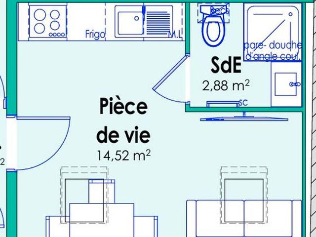 Studio 2 pièces 19 m²