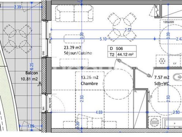 Studio 2 pièces 44 m²