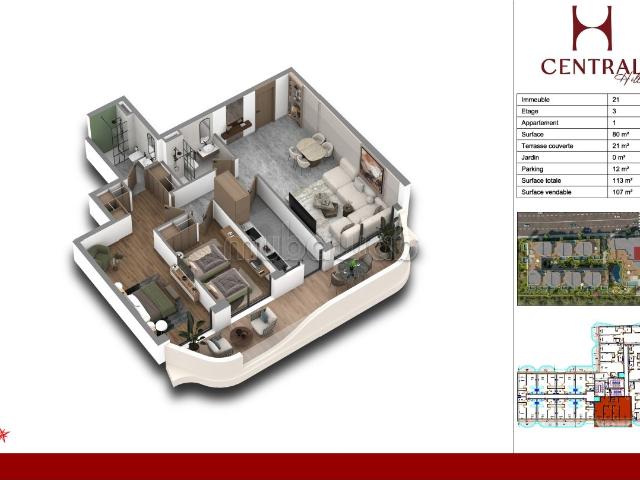Superbe appartement à vendre à Ain Diab Extension. Surface totale 107 m². Parking