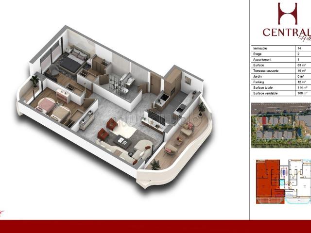 Superbe appartement à vendre à Ain Diab Extension. Surface totale 108 m². Parking