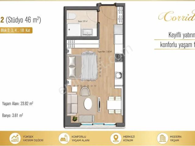 Suryapı Corridor'da Satılık 1+0 46m2 Stüdyo Daire